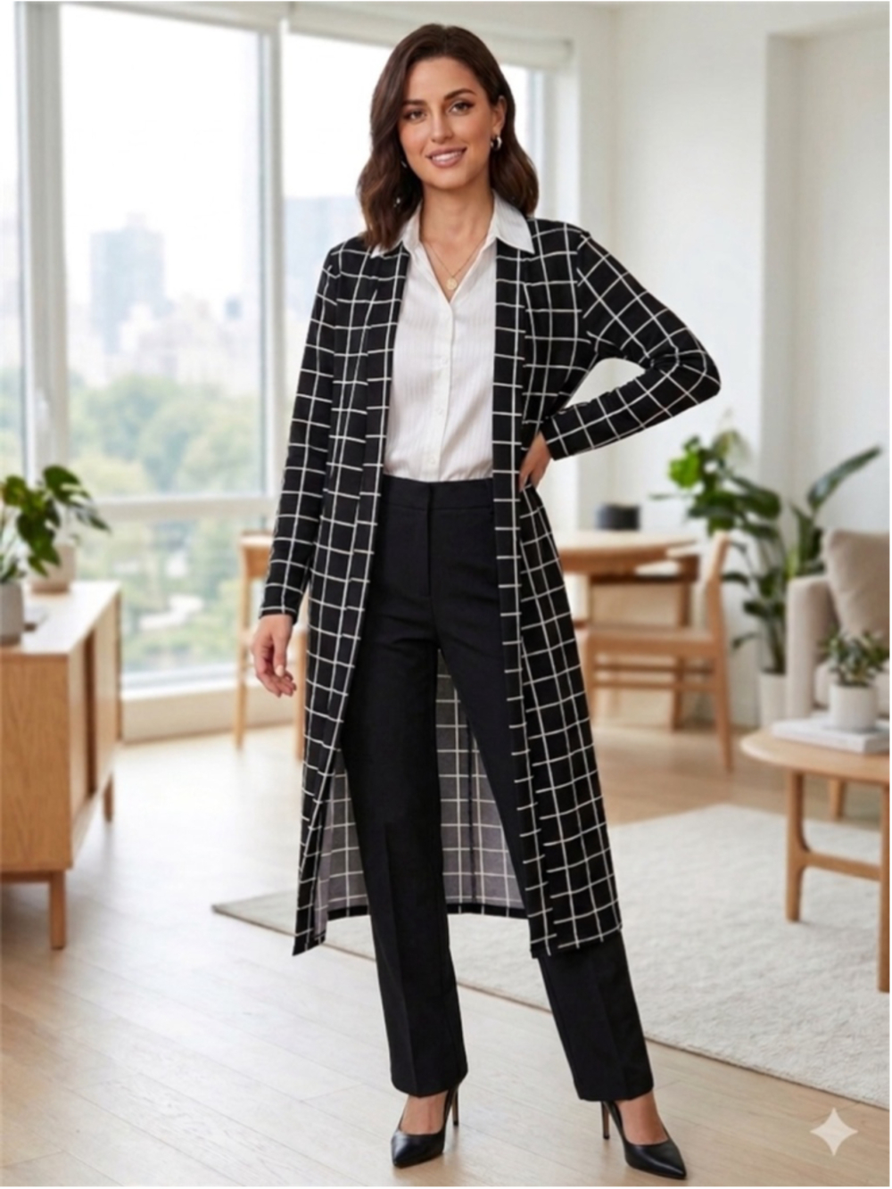 Black and White Windowpane Duster Cardigan Size XL 12